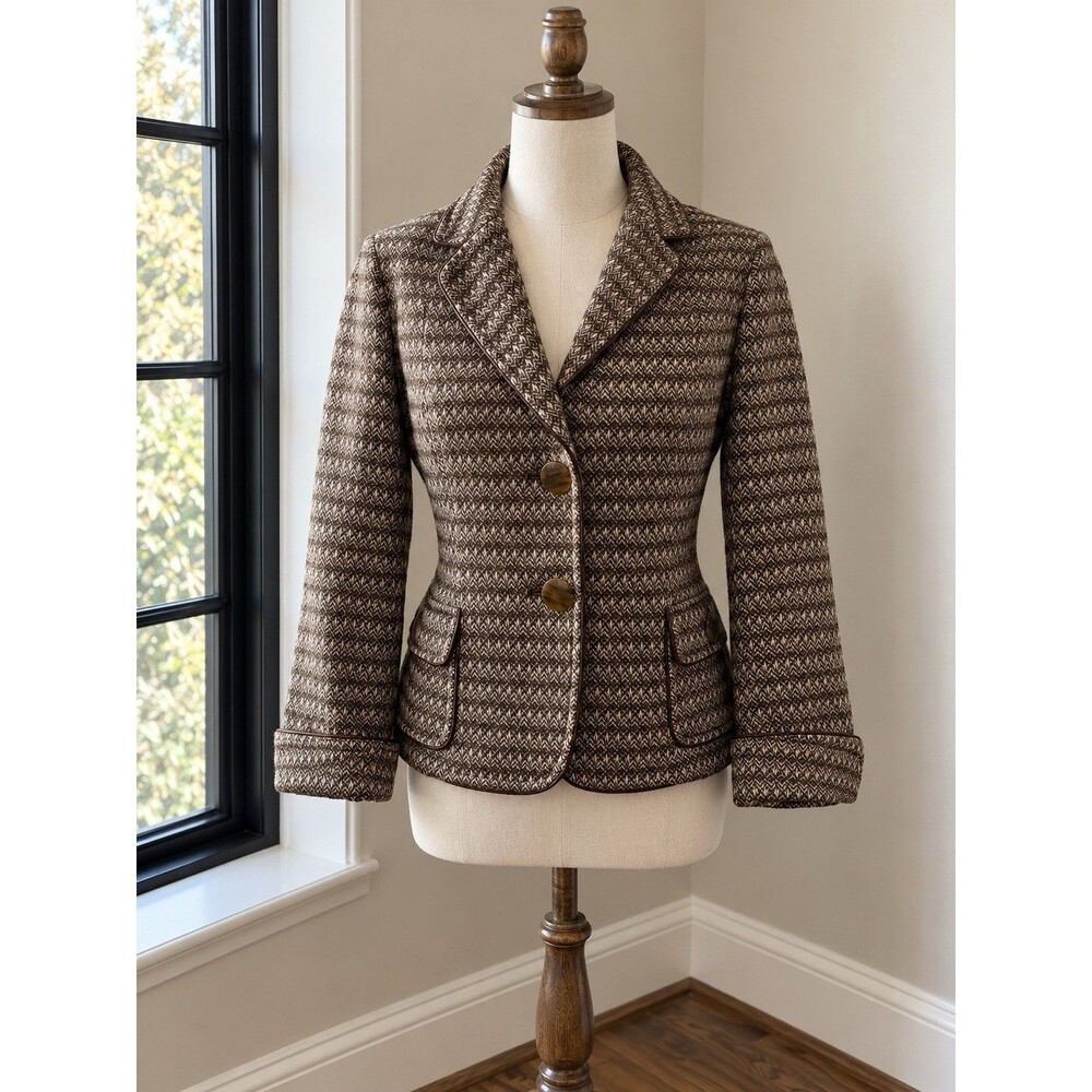 Talbots Brown Tweed Jacket 10P Petite Collared Lined 2 Buttons Preppy Classic